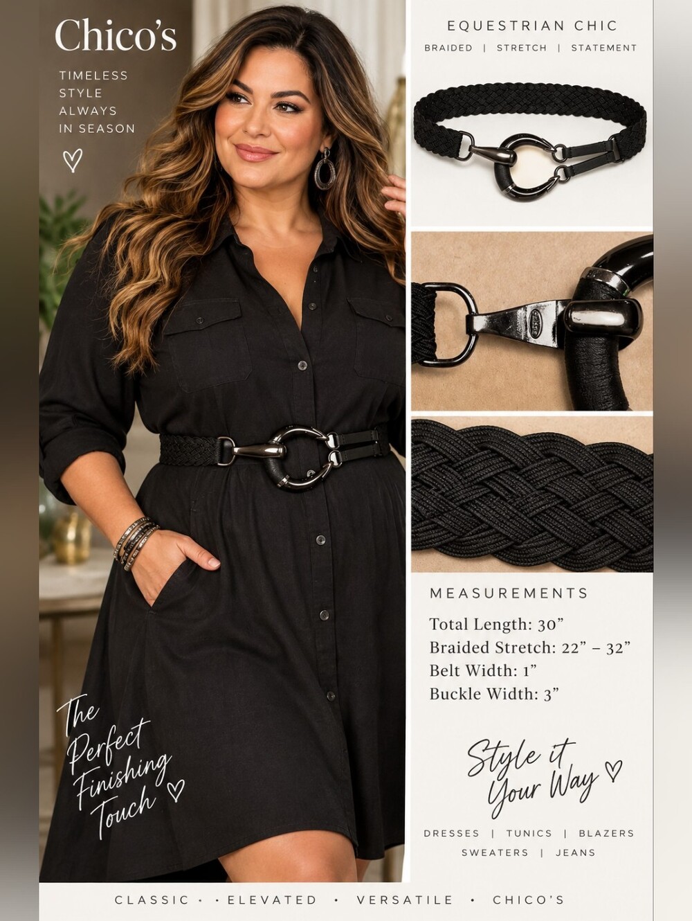 Chico’s Black Braided Stretch Belt Gunmetal Horse Bit Buckle Equestrian 22"-32"